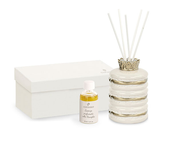 Regali e Bomboniere - Prodotti - Profumatori - PROFUMATORE 7X11CM BIANCA E ORO MACARONS CON ESSENZA CON BOX	
