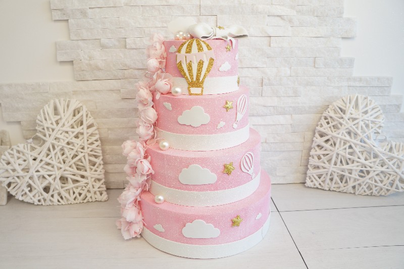 Torte Scenografiche - Torta Scenica Battesimo Decori Mongolfiera Fiori E  Nuvole 40x30cm - Dolci Ricordi Bomboniere - Dettaglio prodotto