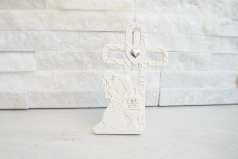 Regali e Bomboniere - Prodotti - MEMORY - CROCE BIMBA COMUNIONE 7X11 BIANCA POLVERE DI MARMO CON BOX