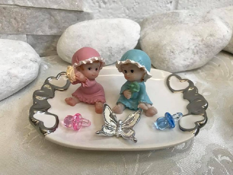 Regali e Bomboniere - Prodotti - Bomboniere Gemelli - GEMELLI MASCHI E FEMMINA 10X6CM CUORI ARGENTO CON BOX
