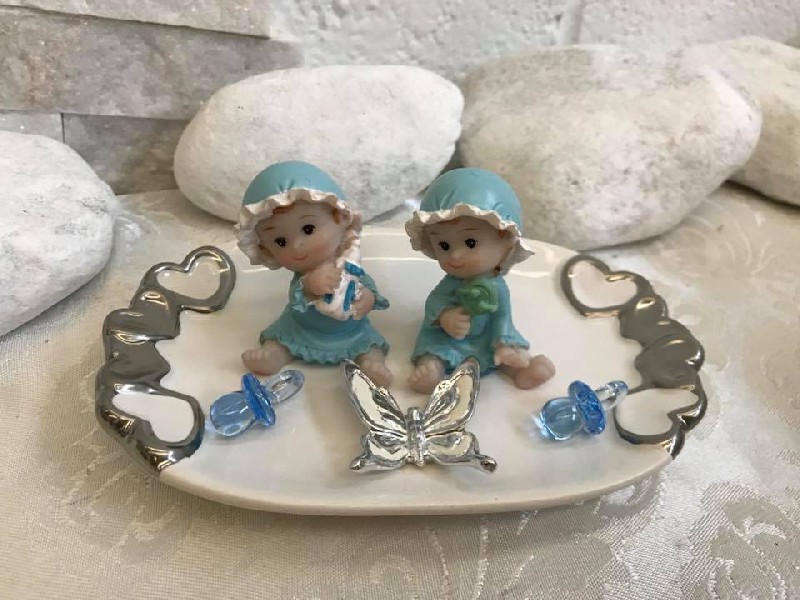 Regali e Bomboniere - Prodotti - Bomboniere Gemelli - GEMELLI MASCHIETTI 10X6CM CUORI ARGENTO CON BOX