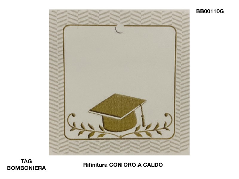 Regali e Bomboniere - Prodotti - TAG BOMBONIERA - TAG BOMBONIERA TOCCO LAUREA 4,8cm QUADRATO CON RIFINITURE ORO A CALDO