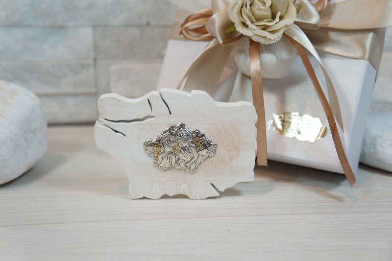 Regali e Bomboniere - Prodotti - Comunione e Cresima - ANGELI ARGENTO ICONA LEGNO 7X10CM EFFETTO MURO MODERNO CON BO