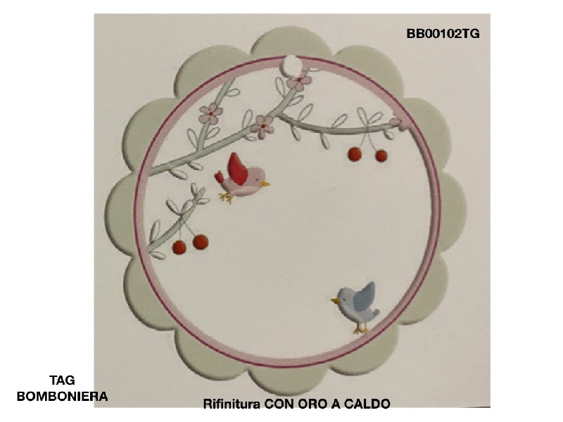 Regali e Bomboniere - Prodotti - TAG BOMBONIERA - TAG BOMBONIERA UCCELLINI TONDO SMERLATO 5CM CON RIFINITURE ORO A CALDO 