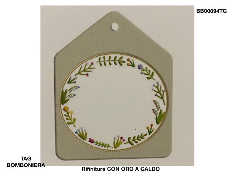 Regali e Bomboniere - Prodotti - TAG BOMBONIERA - TAG BOMBONIERA CASETTA FIORI 4,5x5,5cm TORTORA CON RIFINITURE ORO A CALDO