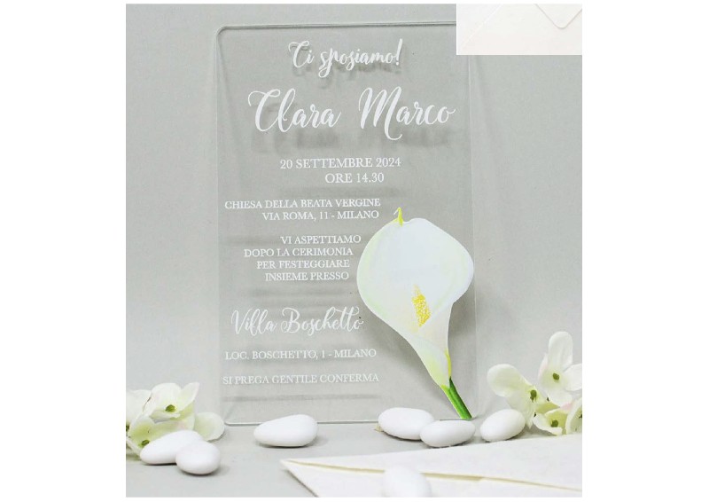 Regali e Bomboniere - Prodotti - PARTECIPAZIONI - PARTECIPAZIONE IN PLEX DECORO FLOREALE CALLA 16,5X10,7CM CON BUSTA IN CARTA DI RISO INCLUSA LA STAMPA MINIMO 25 PEZZI