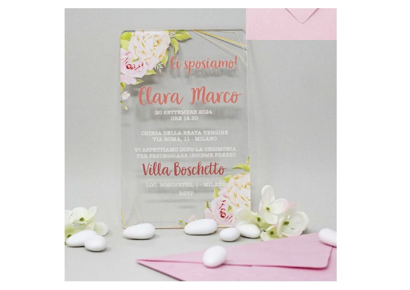 Regali e Bomboniere - Prodotti - PARTECIPAZIONI - PARTECIPAZIONE IN PLEX DECORO FLOREALE ROSE 16,5X10,7CM CON BUSTA IN CARTA DI RISO INCLUSA LA STAMPA MINIMO 25 PEZZI