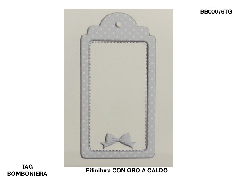 Regali e Bomboniere - Prodotti - TAG BOMBONIERA - TAG BOMBONIERA RETTANGOLARE FIOCCO AZZURRO 7X3,5CM RIFINITO CON ORO A CALDO