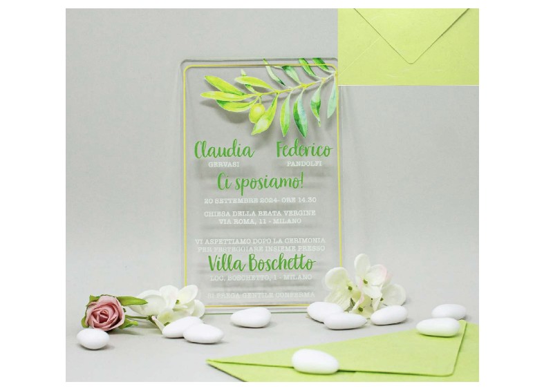 Regali e Bomboniere - Prodotti - PARTECIPAZIONI - PARTECIPAZIONE IN PLEX DECORO DECORO ULIVO 16,5X10,7CM CON BUSTA IN CARTA DI RISO INCLUSA LA STAMPA MINIMO 25 PEZZI