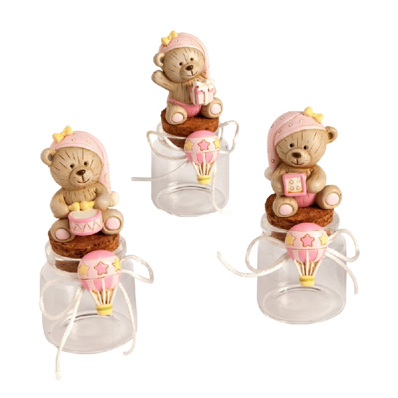 Regali e Bomboniere - Prodotti - Quadrifoglio  SOLIDALE - BARATTOLO VETRO ORSETTO ROSA CON CAPPELLO H.7 CM ASSORTITO