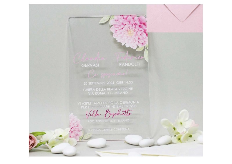 Regali e Bomboniere - Prodotti - PARTECIPAZIONI - PARTECIPAZIONE IN PLEX DECORO FLOREALE DAHLIA 16,5X10,7CM CON BUSTA IN CARTA DI RISO INCLUSA LA STAMPA MINIMO 25 PEZZI