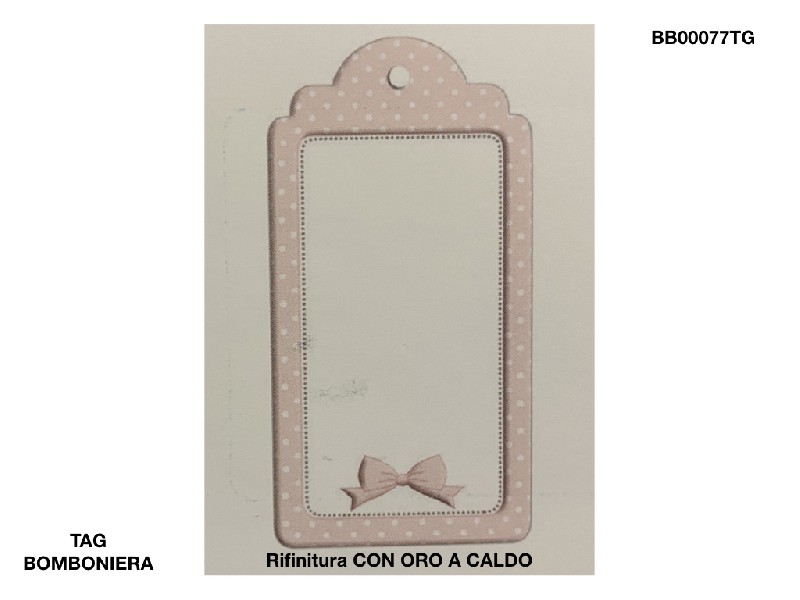 Regali e Bomboniere - Prodotti - TAG BOMBONIERA - TAG BOMBONIERA RETTANGOLARE FIOCCO ROSA 7X3,5CM RIFINITO CON ORO A CALDO