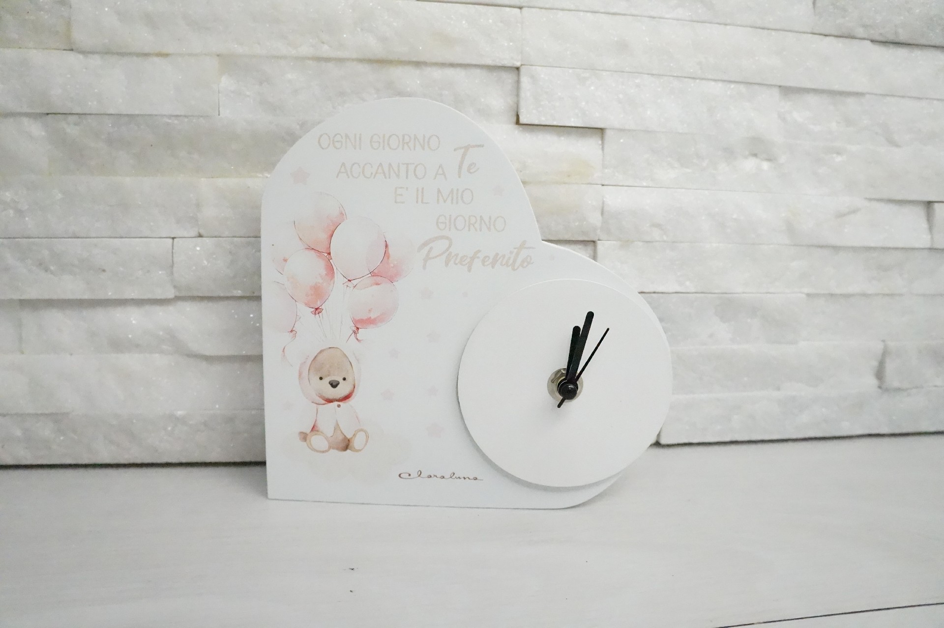 Regali e Bomboniere - Prodotti - Claraluna - OROLOGIO CUORE ORSETTO ROSA 