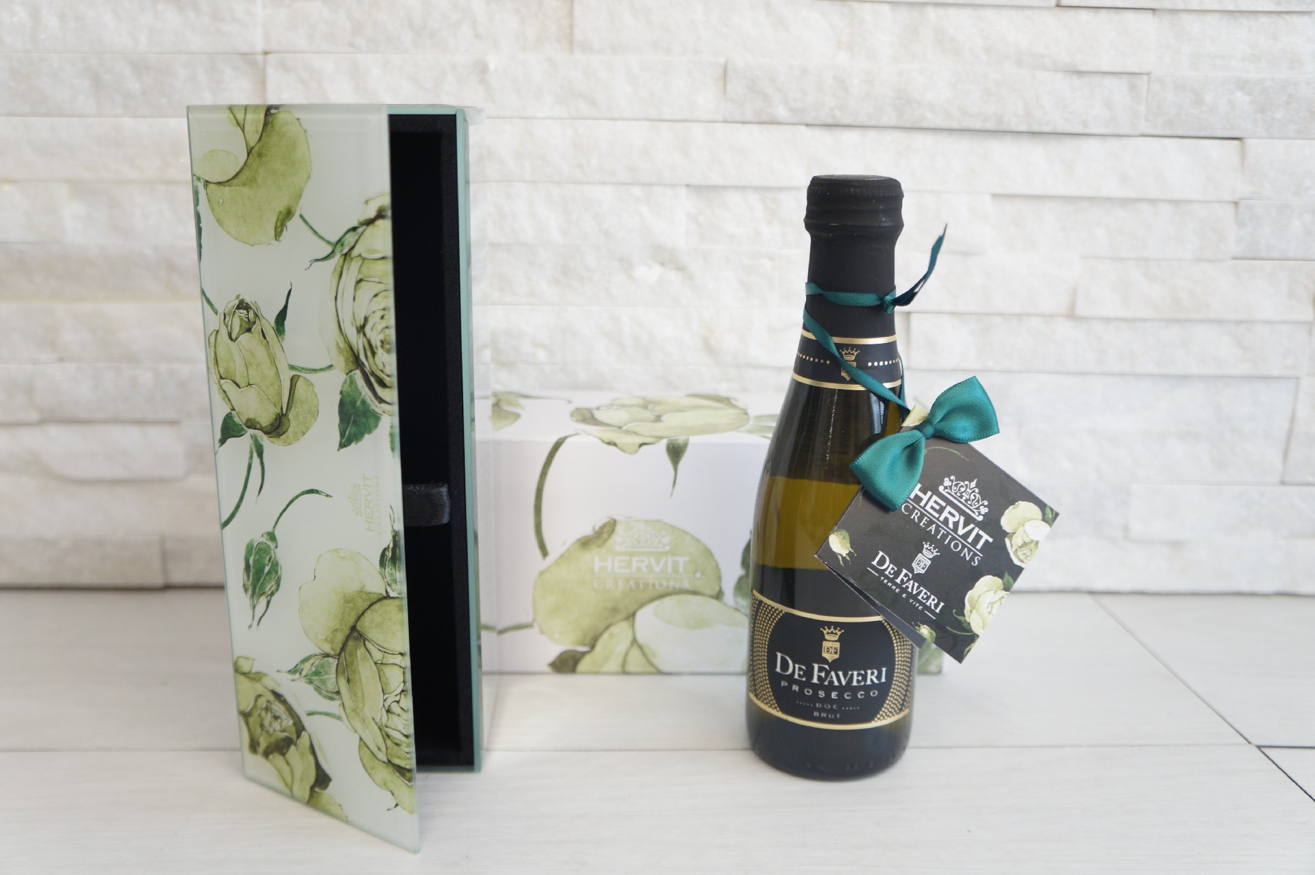 Regali e Bomboniere - Prodotti - Matrimonio - COFANETTO BACCARAT CON PROSECCO DOC 20CL - ROSE VERDI - VETRO E SPECCHIO - C/BOX