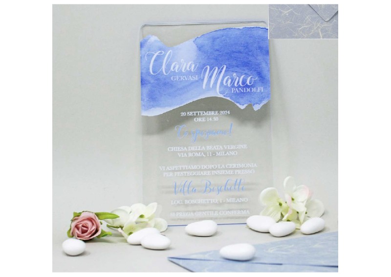 Regali e Bomboniere - Prodotti - PARTECIPAZIONI - PARTECIPAZIONE IN PLEX DECORO BLU MARE 16,5X10,7CM CON BUSTA IN CARTA DI RISO INCLUSA LA STAMPA MINIMO 25 PEZZI