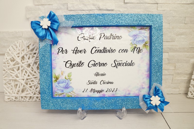 Regali e Bomboniere - Prodotti - Cornici e Orologi - CORNICE BLU IN POLISTIROLO CON DEDICA PADRINI 43X33CM 