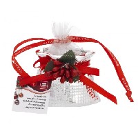 Regali e Bomboniere - Prodotti - Natale  - SACCO CON LENTICCHIE E DECORAZIONE ROSSA cm 7x5x6 con box