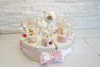 Regali e Bomboniere - Prodotti - OFFERTE DI GENNAIO - TORTA BOMBONIERE COMPOSTA DA 10 FETTE GRANDI CON ORSETTO SFERA  ASS( 8cm) + 1 CENTRALE ORSETTO CON LED (10cm circ) 