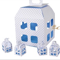 Regali e Bomboniere - Prodotti - Scatoline PORTA CONFETTI - 5X5X5 ASTUCCIO LANTERNA CON FARFALLE CELESTE +TAG BATTESIMO