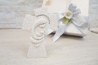 Regali e Bomboniere - Prodotti - Sacri - CROCE TAO MADONNA CON BAMBINO BIANCO 12,5X9CM POLVERE DI MARMO CON BOX