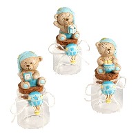Regali e Bomboniere - Prodotti - Quadrifoglio  SOLIDALE - BARATTOLO VETRO ORSETTO CIELO CON CAPPELLO H.11 CM ASSORTITO