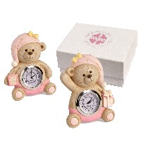 Regali e Bomboniere - Prodotti - Quadrifoglio  SOLIDALE - OROLOGIO ORSETTO ROSA CON CAPPELLO H.10 CM ASSORTITO