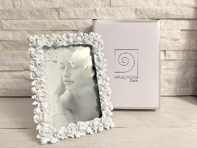 Regali e Bomboniere - Prodotti - MASCAGNI HOME -  10X15cm int cornice porta foto resina con ROSELLINE  - BIANCO